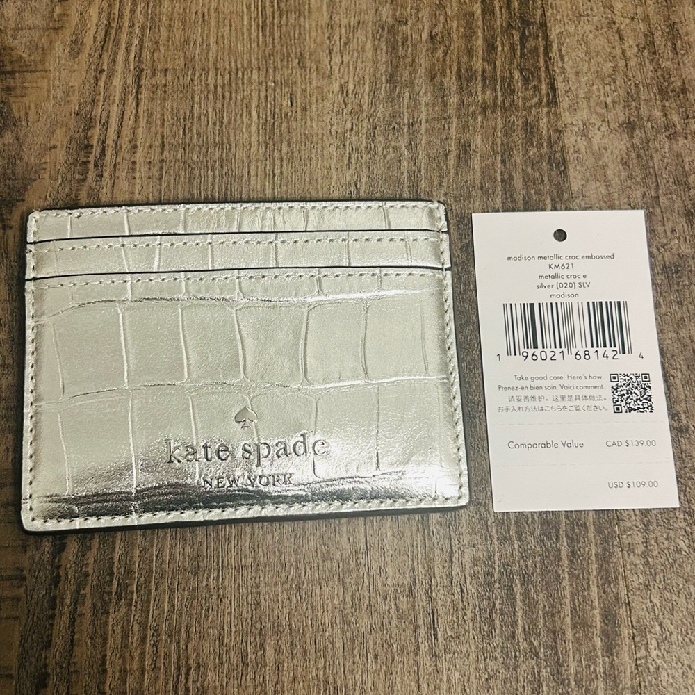 Kate Spade Metallic Croc Silver Card Holder NWT
